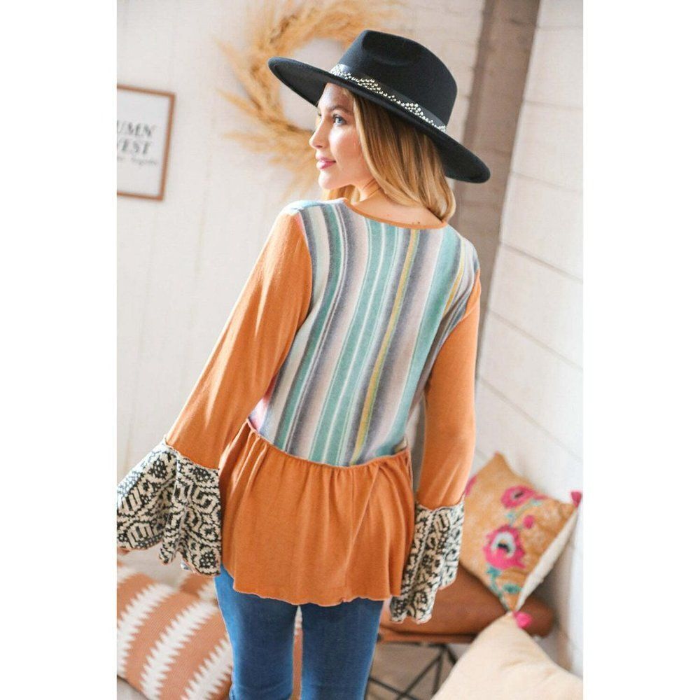 Sugarfox Camel Hacci Multi Stripe Aztec Bell Sleeve Top ST5702A - Picture 5 of 8